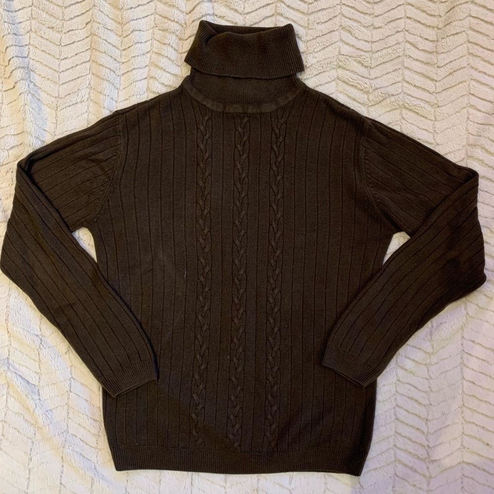 Crystal-Kobe- brown ribbed turtleneck long sleeve sweater